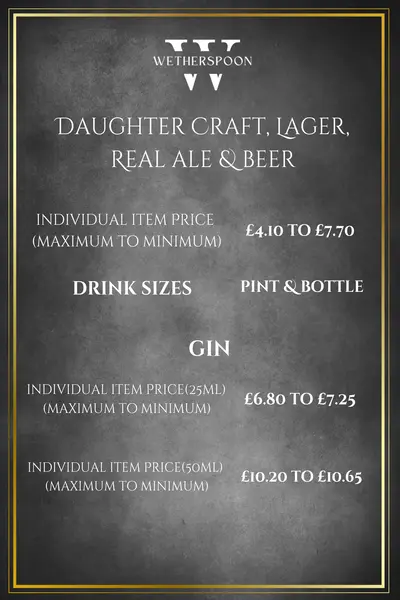 Wetherspoons draught craft, lager, real ale, and beer menu