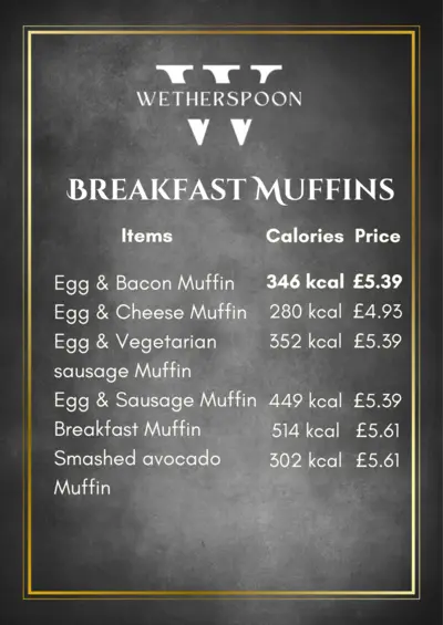 Wetherspoon Breakfast Muffins Menu