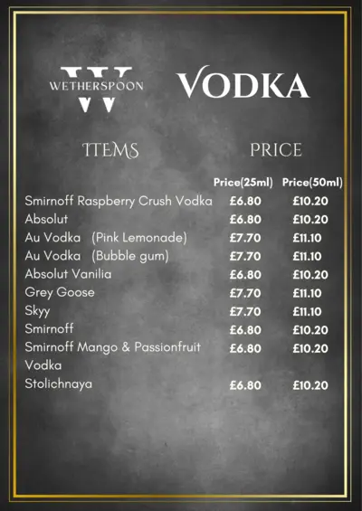 Wetherspoon Vodka Drinks