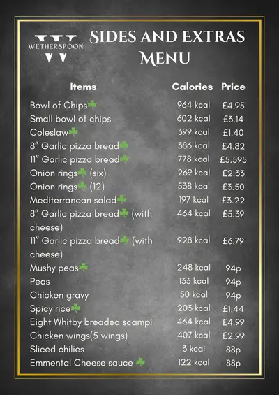 Wetherspoon Sides and Extras Menu